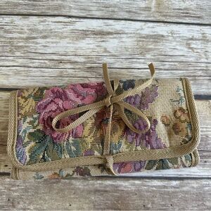 Vintage 1980’s Tie Up Tri Fold Floral Tapestry Wallet Travel Bag